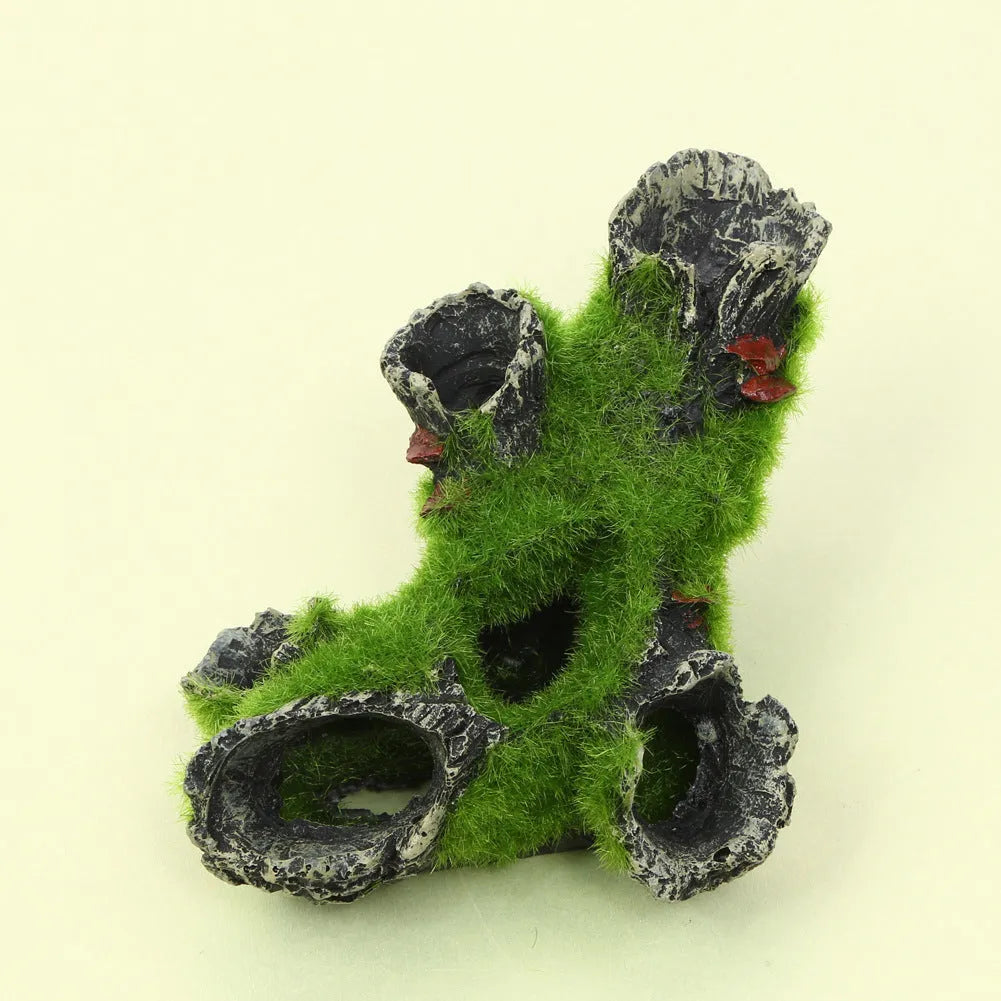 Green synthetic resin shrimp spawning tree ornament with flocking tree head for fish tank decoration