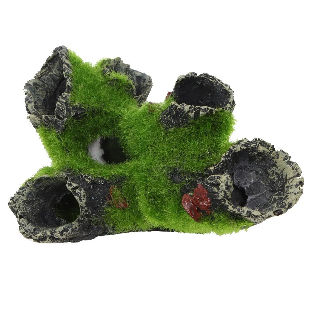 Green synthetic resin shrimp spawning tree ornament with flocking tree head for fish tank decoration