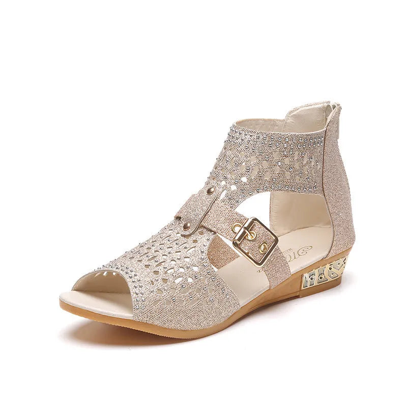 Women's beige rivet flat sandals with wedge heel, fish mouth toe and back zipper