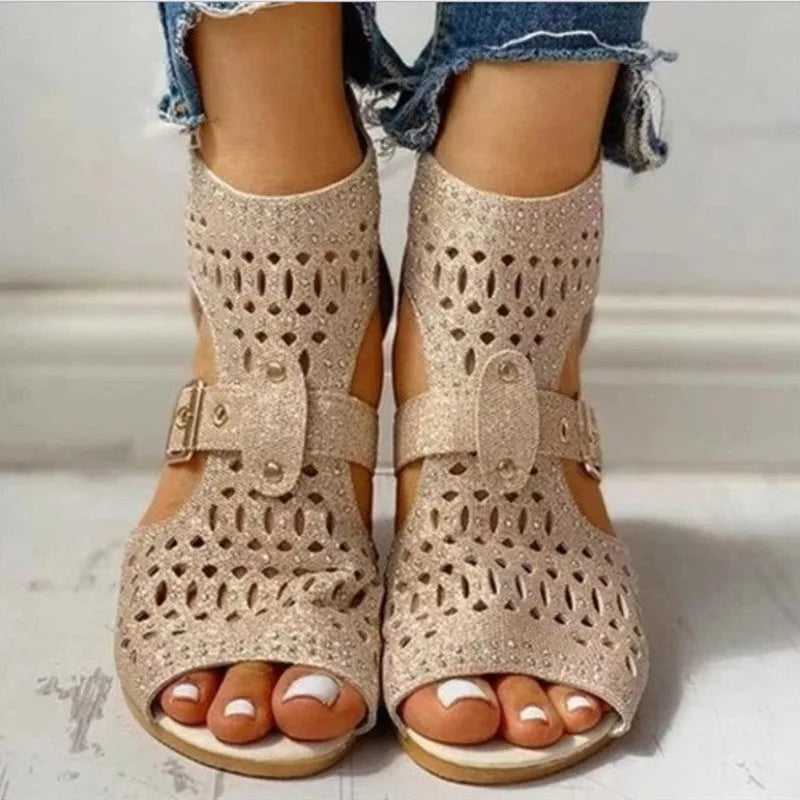 Women's beige rivet flat sandals with wedge heel, fish mouth toe and back zipper