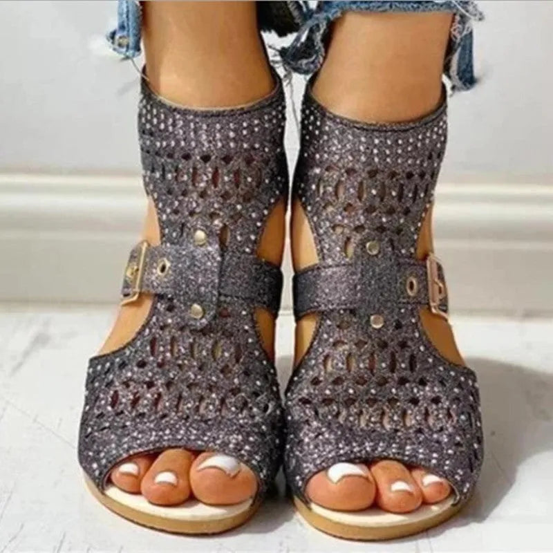 Women's beige rivet flat sandals with wedge heel, fish mouth toe and back zipper