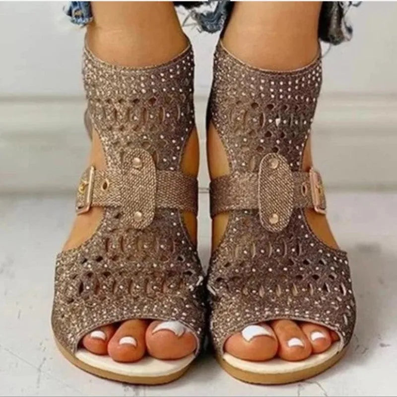 Women's beige rivet flat sandals with wedge heel, fish mouth toe and back zipper