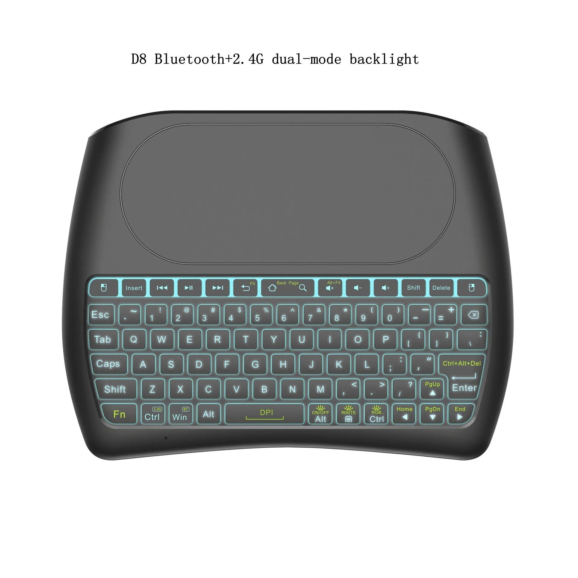 D8 wireless mini keyboard with seven-color backlit keys and dual-mode Bluetooth and 2.4G connectivity