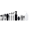 16-piece black mini garden tool set for succulents on a 75cm square cushion, showing shovel, tweezers, spray bottle, and brush.