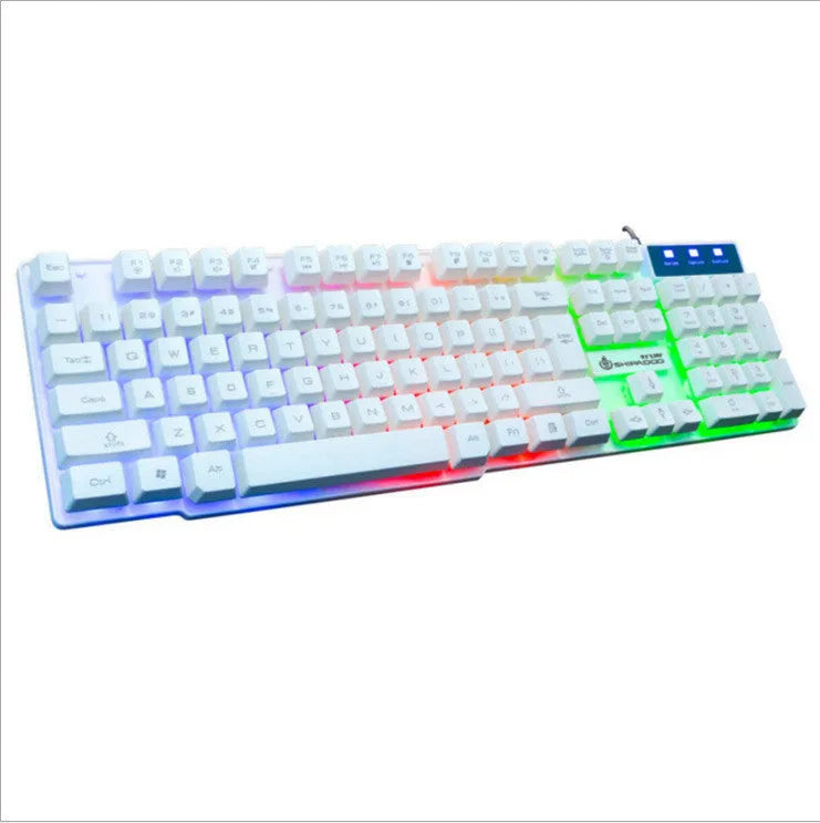 Mechanical touch luminous USB wired keyboard set with metal bottom plate, orange character backlight, and wired mouse