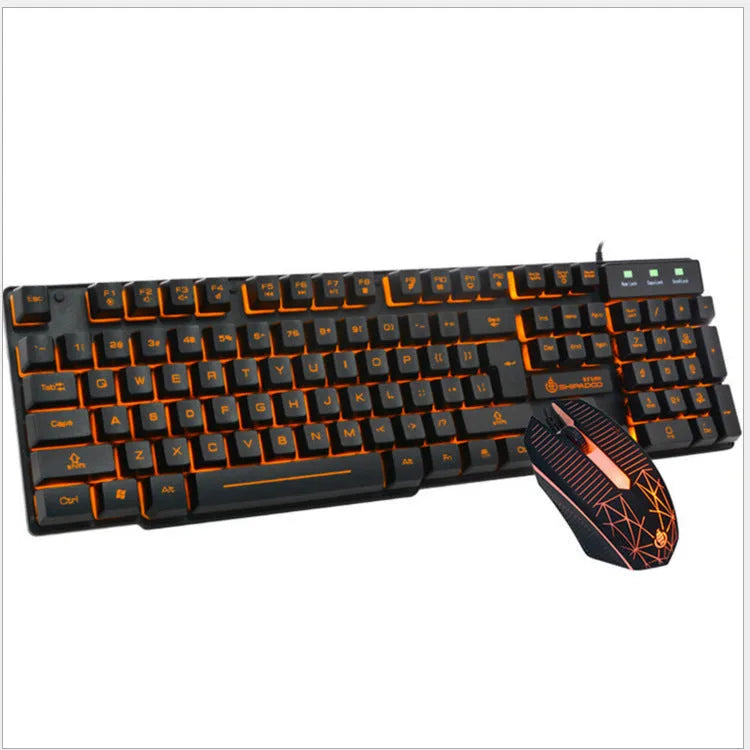 Mechanical touch luminous USB wired keyboard set with metal bottom plate, orange character backlight, and wired mouse