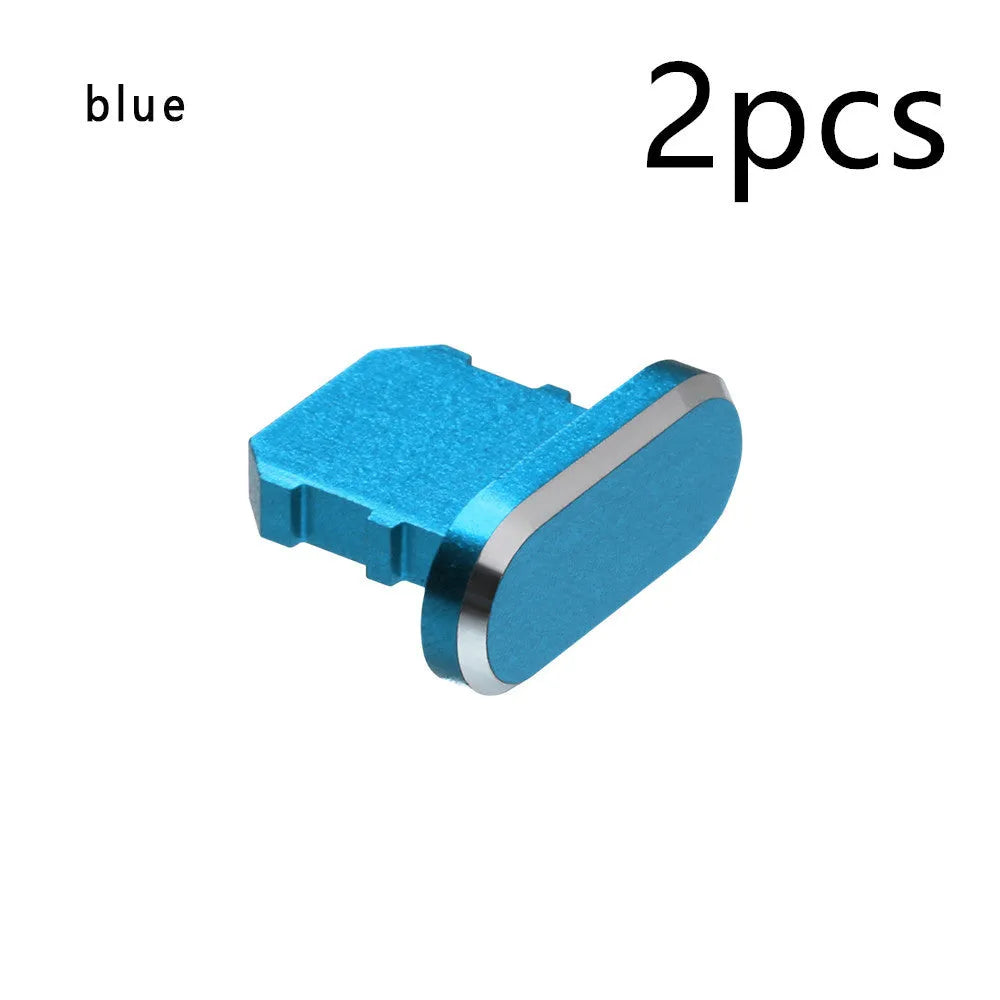 Aluminium alloy iPhone charging port dust plug in multiple colours including gold, silver, blue, red, grey, black, and rose gold.