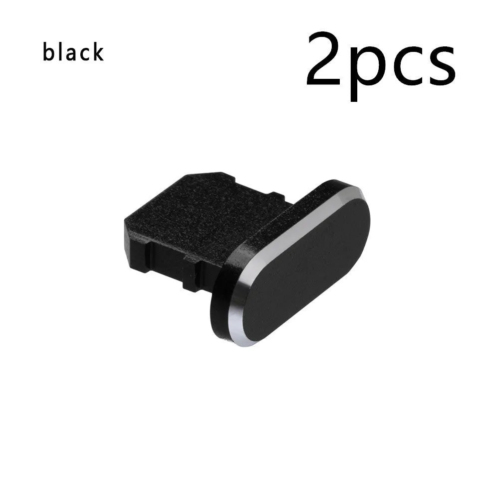 Aluminium alloy iPhone charging port dust plug in multiple colours including gold, silver, blue, red, grey, black, and rose gold.