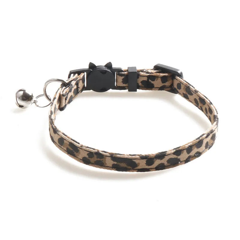 Cloth cat collar with bell, 1.0cm x 28cm, shown in Brown, Green, or Pink