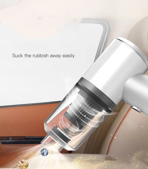 Handheld wireless car vacuum cleaner in black or white on a car seat.