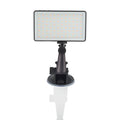 Black aluminium LED video conference light panel mounted on a laptop lid for streaming.