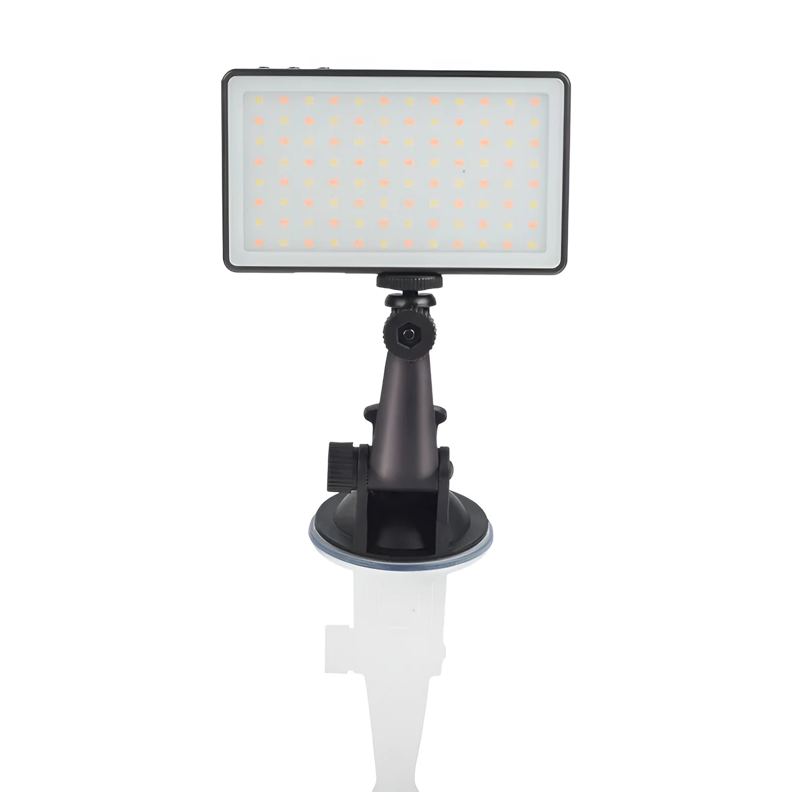 Black aluminium LED video conference light panel mounted on a laptop lid for streaming.
