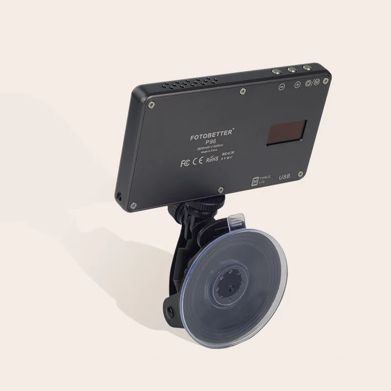 Black aluminium LED video conference light with 96 LEDs, shown with a Type-C port and mounting thread.