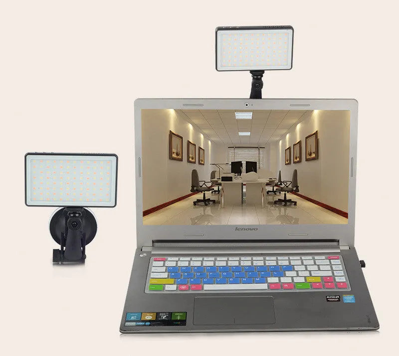 Black aluminium LED video light panel for laptops, showing LOED screen and Type-C port.