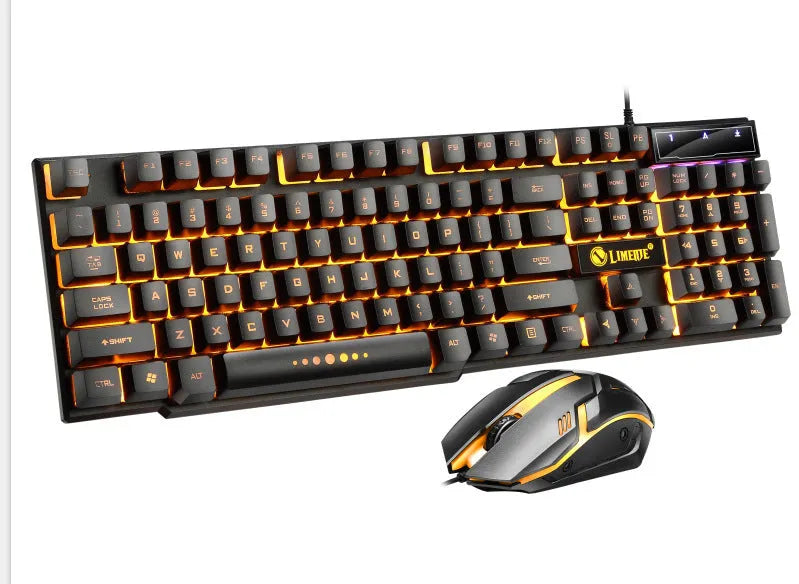 Limei GTX300 white backlit keyboard and mouse set on a desk.