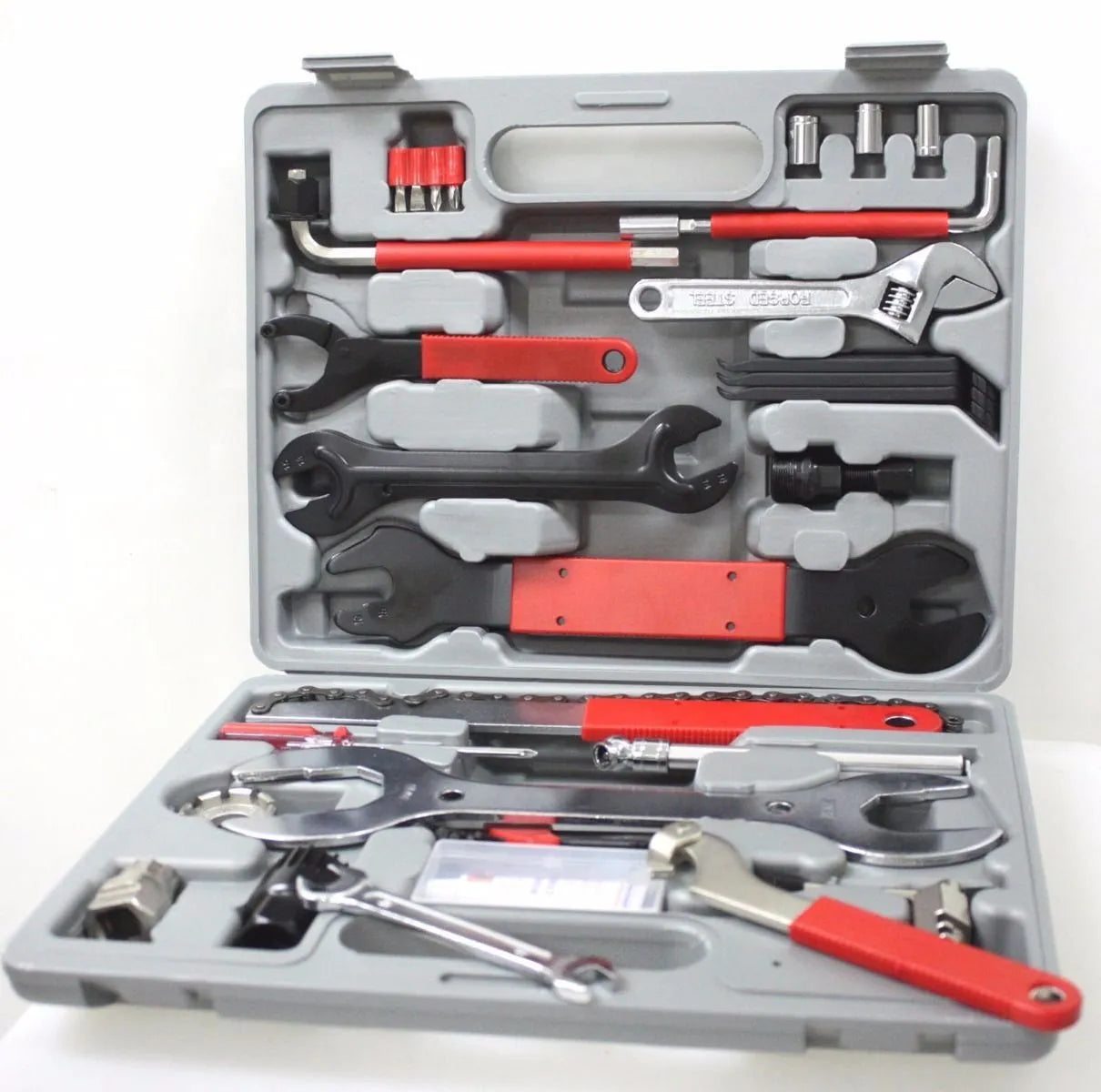 Red compact bicycle repair tool set in PE case with carbon steel tools on white background