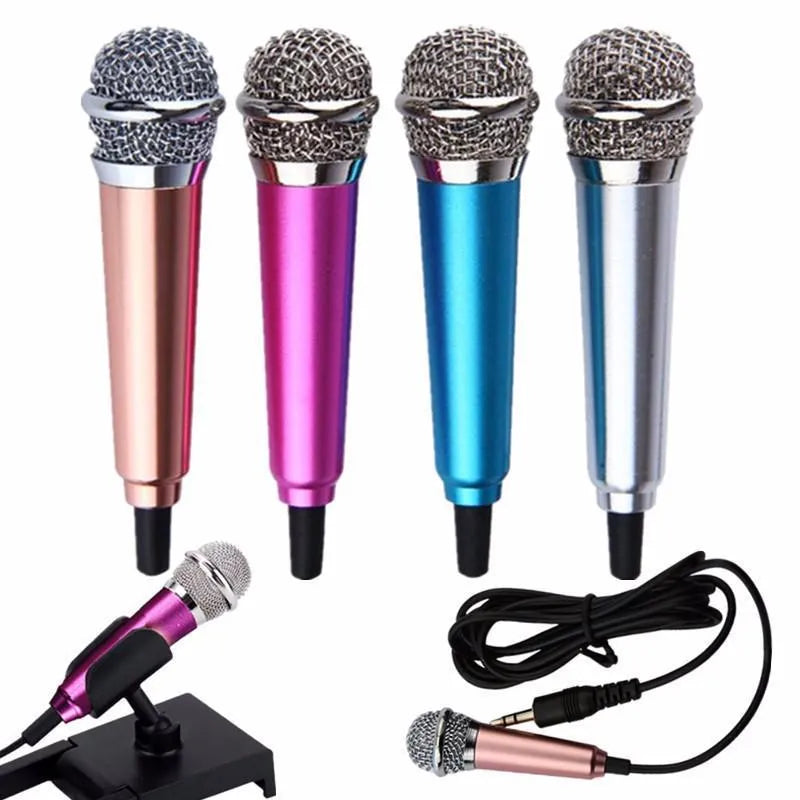 T3 Mini Karaoke Condenser Microphone in blue, gold, red, and silver colours with a 3.5mm plug.