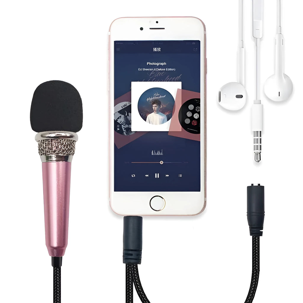 T3 Mini Karaoke Condenser Microphone in blue, gold, red, and silver colours with a 3.5mm plug.