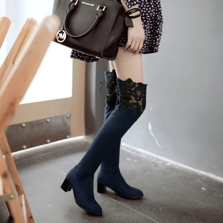 Women's black knee high stretch boots with inside hollow lace and pointed toe thick heel
