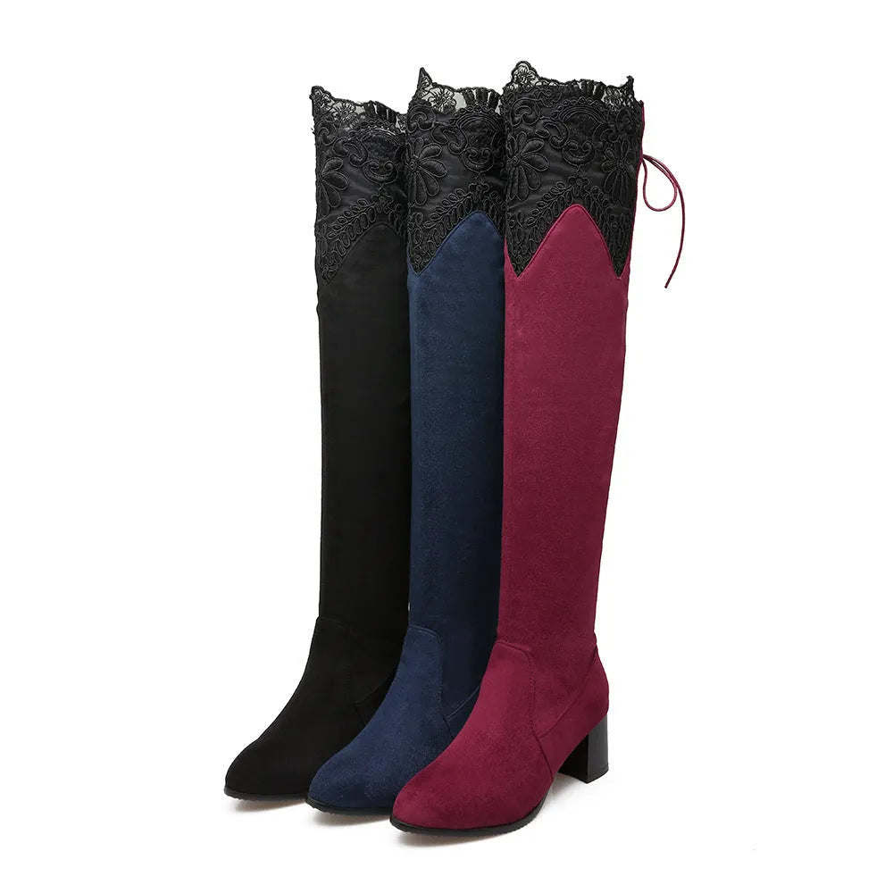 Women's black knee high stretch boots with inside hollow lace and pointed toe thick heel