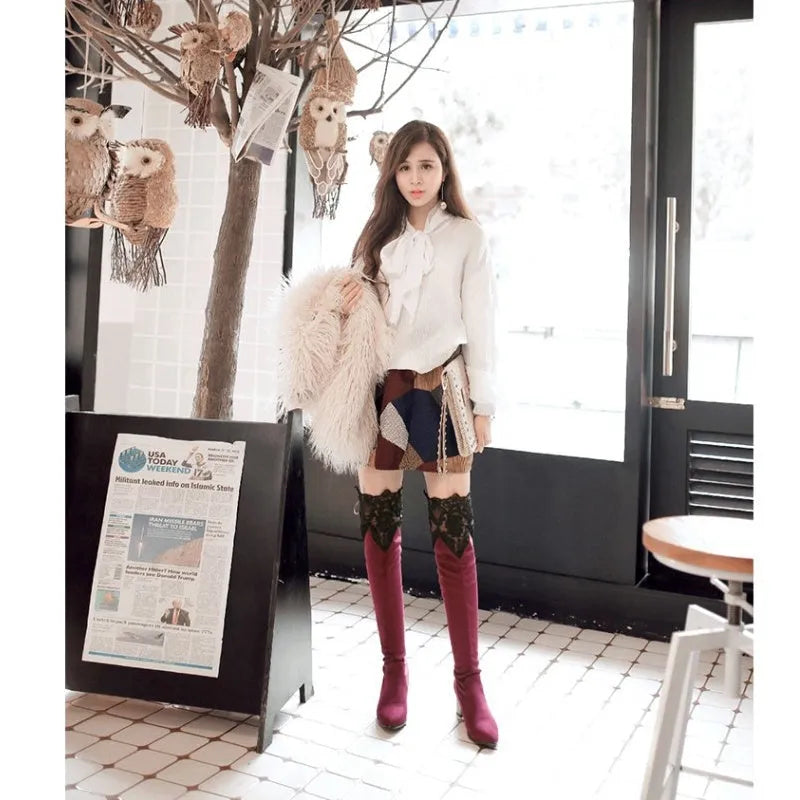Women's black knee high stretch boots with inside hollow lace and pointed toe thick heel
