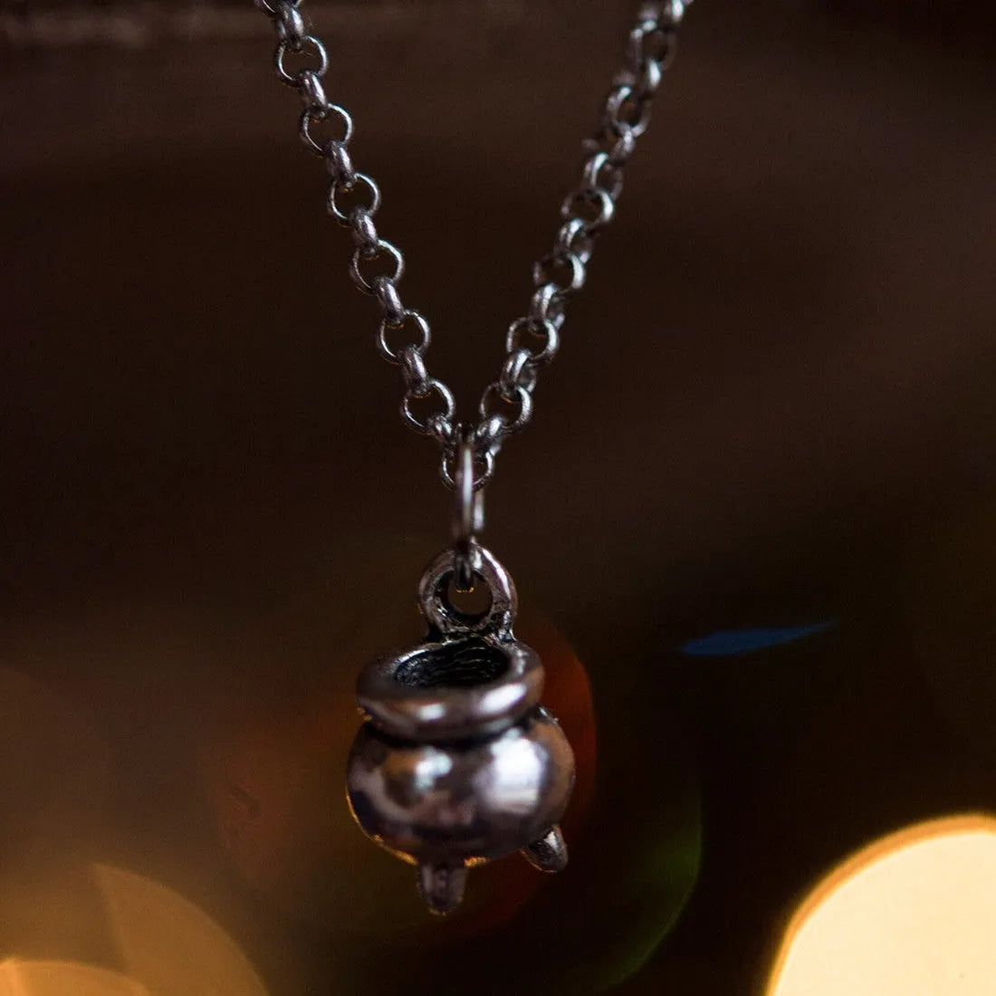 Silver Halloween wizard pendant necklace with witchs cauldron shape and 60cm chain