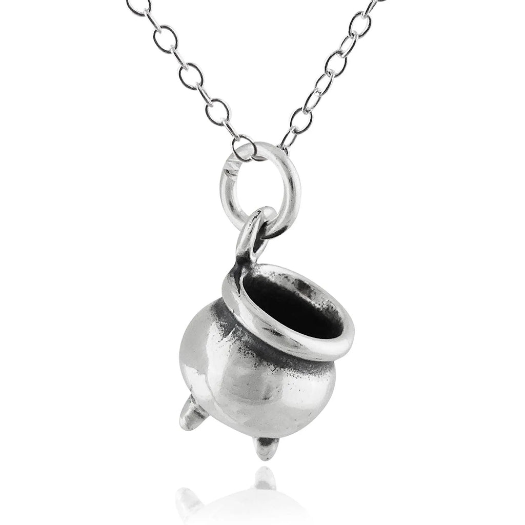 Silver Halloween wizard pendant necklace with witchs cauldron shape and 60cm chain