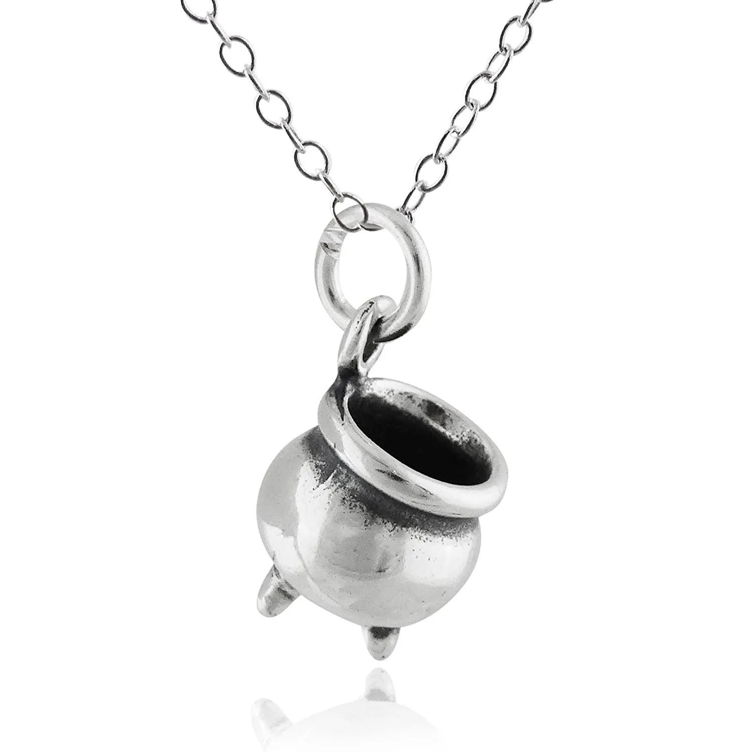 Silver Halloween wizard pendant necklace with witchs cauldron shape and 60cm chain