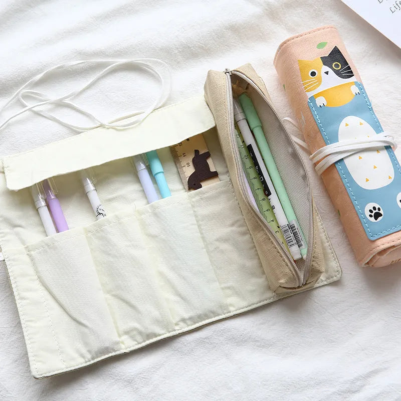 Rolling pencil case with cartoon cat pattern in blue, green, pink, yellow colours for school and office stationery storage
