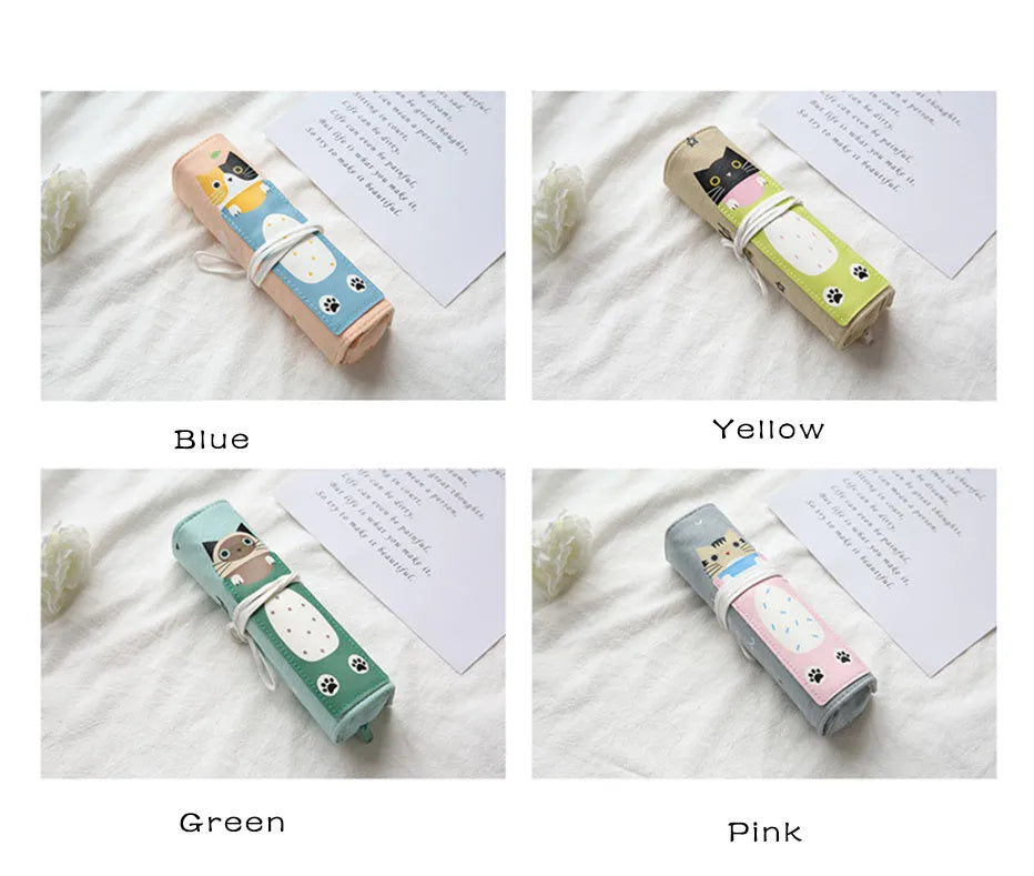 Rolling pencil case with cartoon cat pattern in blue, green, pink, yellow colours for school and office stationery storage