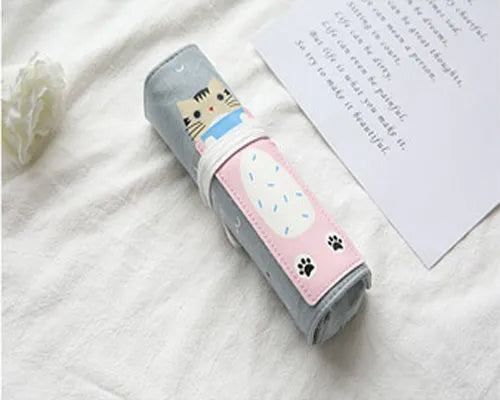 Rolling pencil case with cartoon cat pattern in blue, green, pink, yellow colours for school and office stationery storage