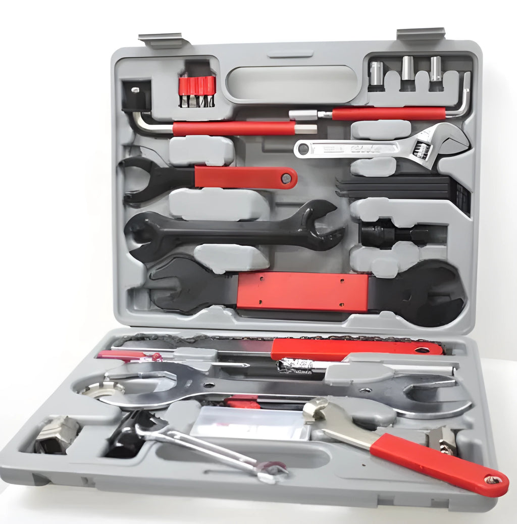 Red compact bicycle repair tool set in PE case with carbon steel tools on white background