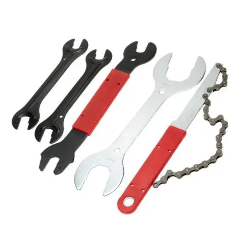 Red compact bicycle repair tool set in PE case with carbon steel tools on white background