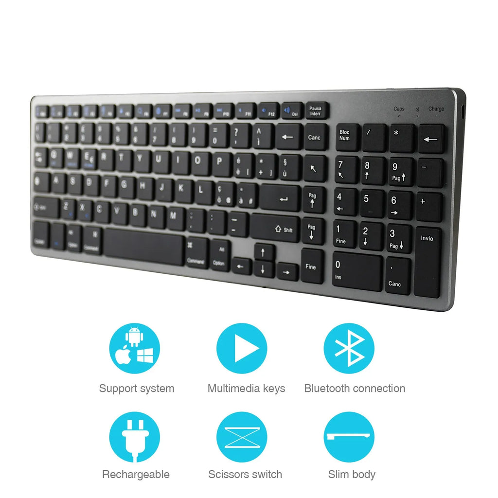 White ultra-thin Bluetooth keyboard next to a tablet showing wireless connectivity