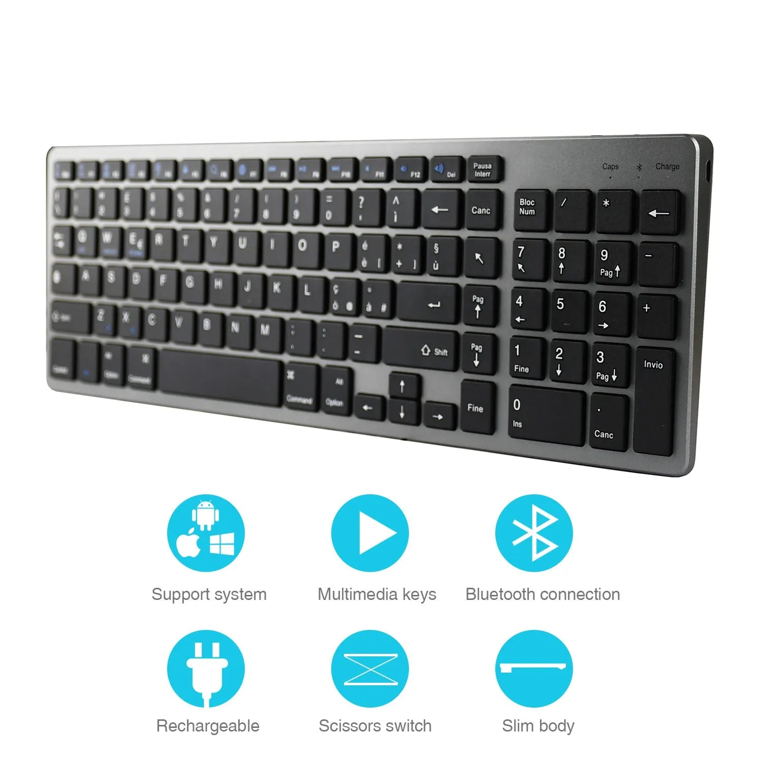 White ultra-thin Bluetooth keyboard next to a tablet showing wireless connectivity