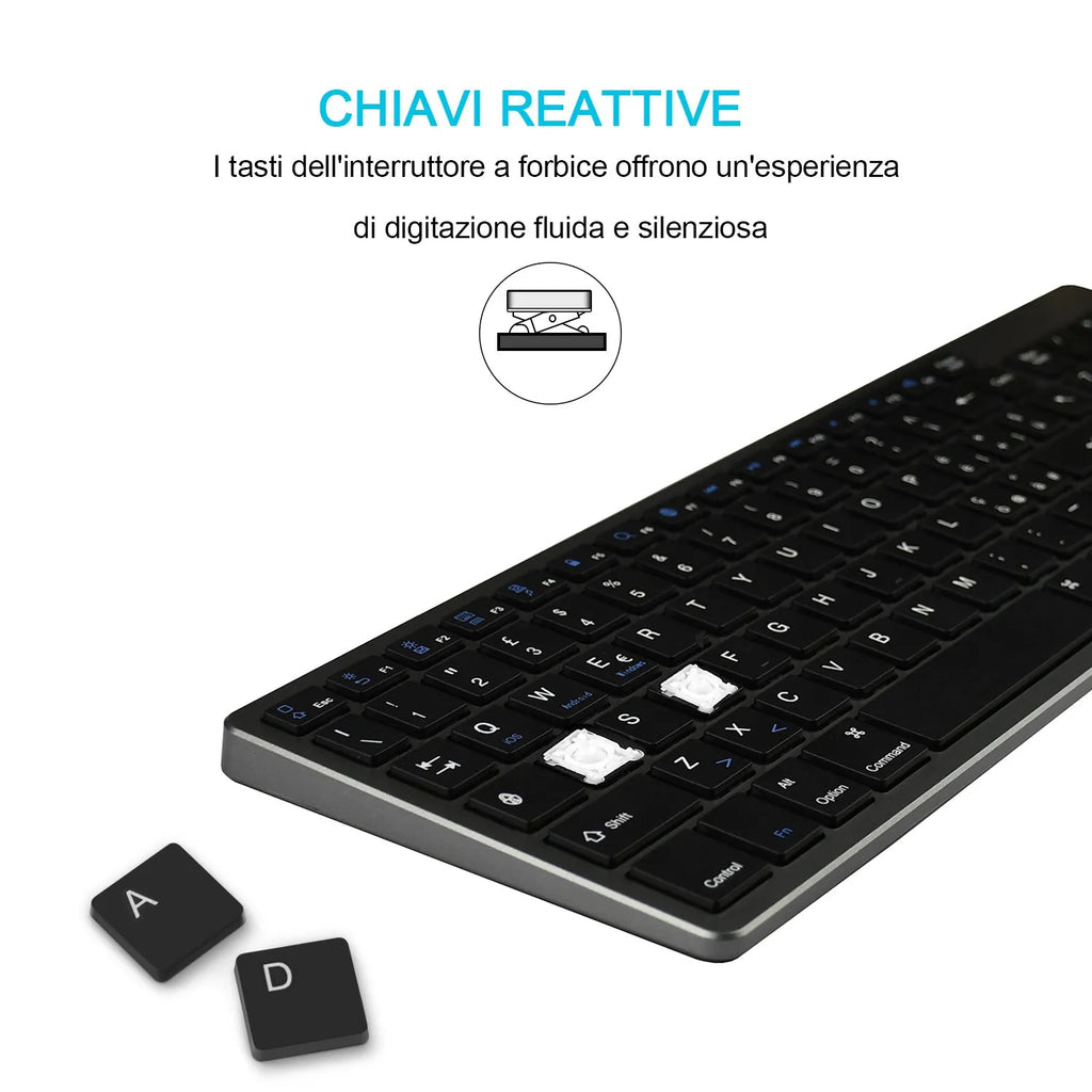 White ultra-thin Bluetooth keyboard next to a tablet showing wireless connectivity
