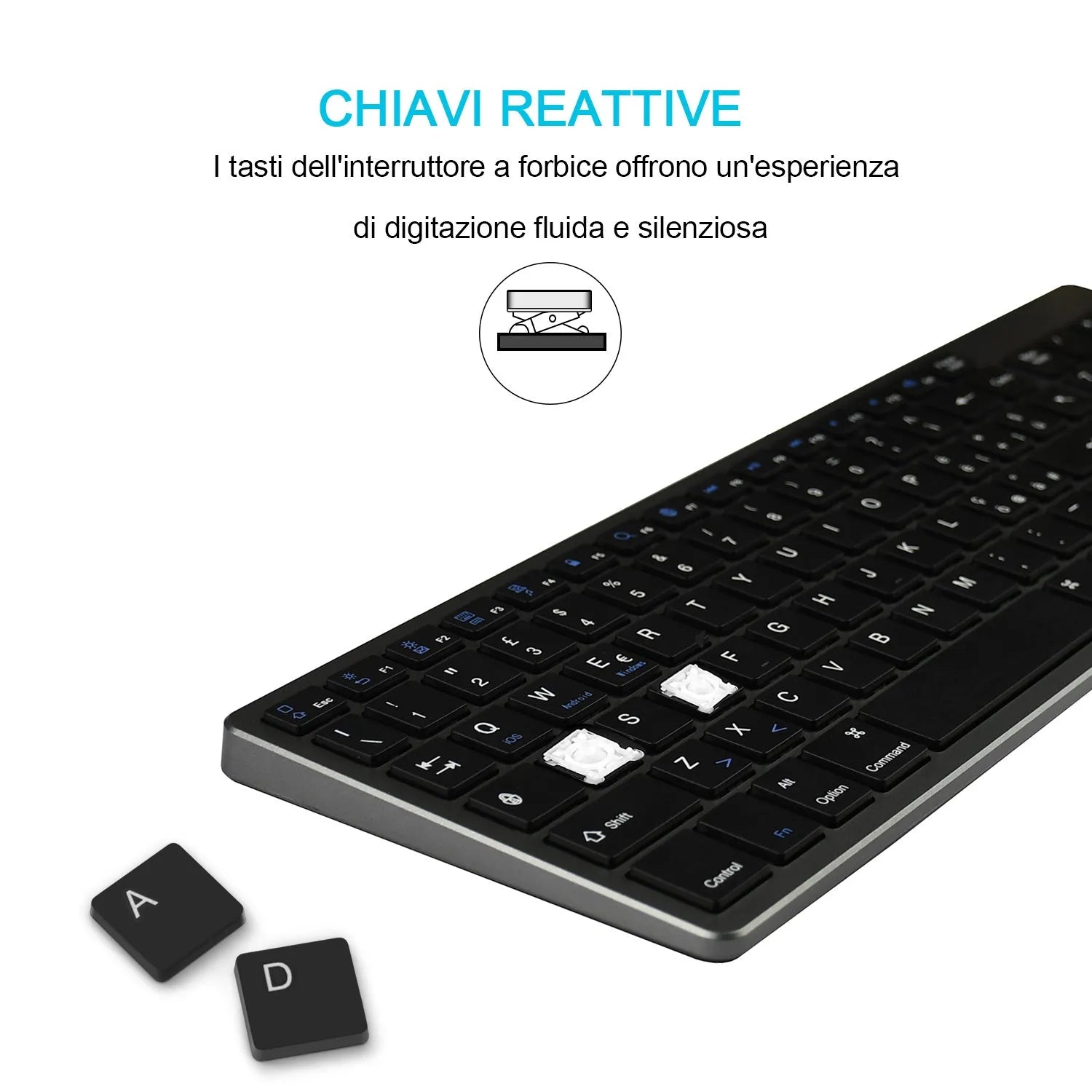 White ultra-thin Bluetooth keyboard next to a tablet showing wireless connectivity
