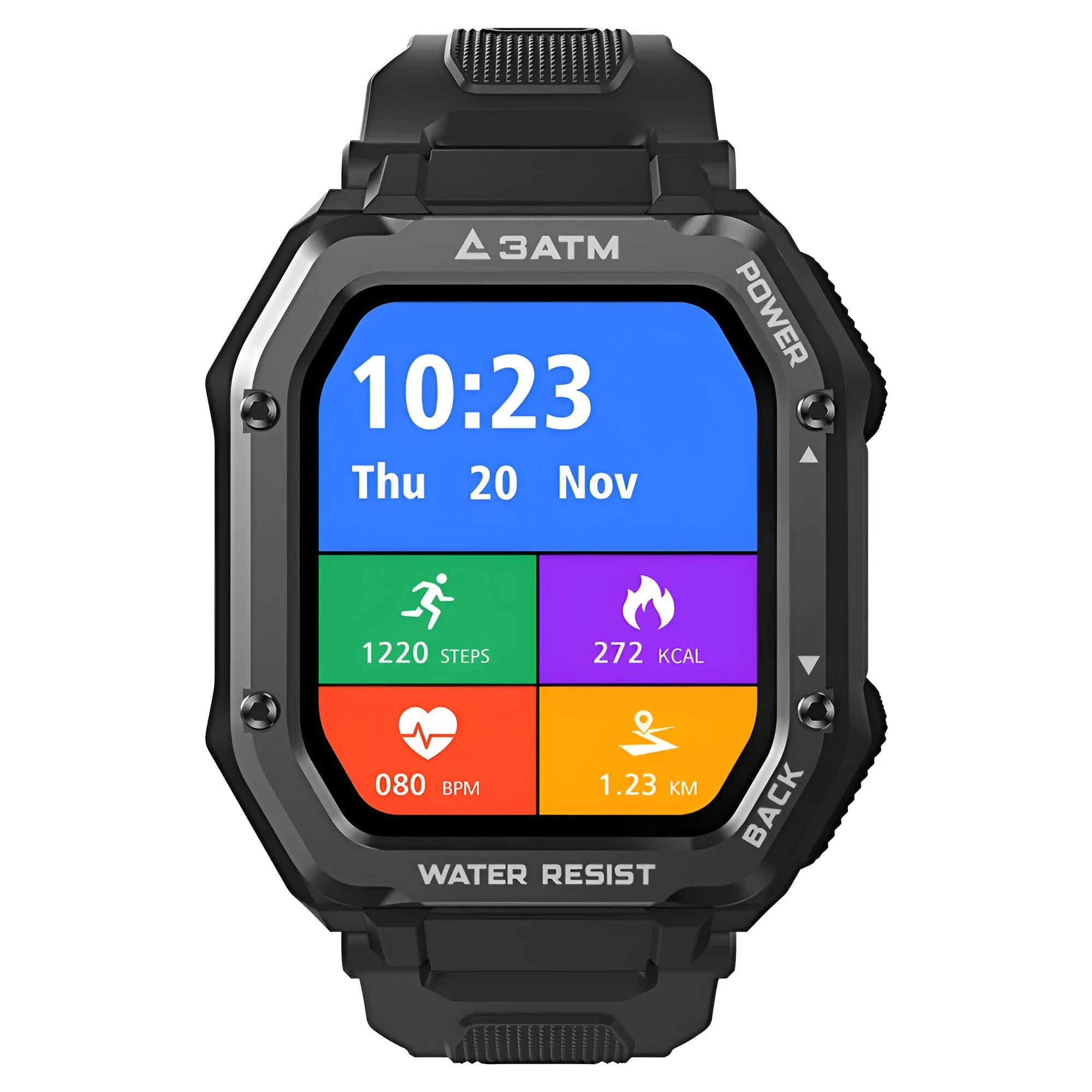 Outdoor sports smart watch with silicone strap showing 1.69 inch screen displaying activity data