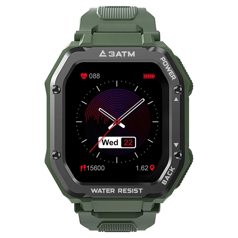 Army Green rugged smart watch with 1.69-inch screen and silicone wrist strap showing sports mode display