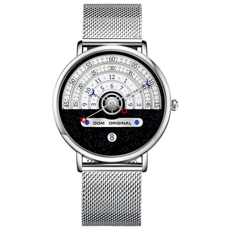 Mens sports watch with 40mm round dial, alloy case, and choice of stainless steel or leather strap