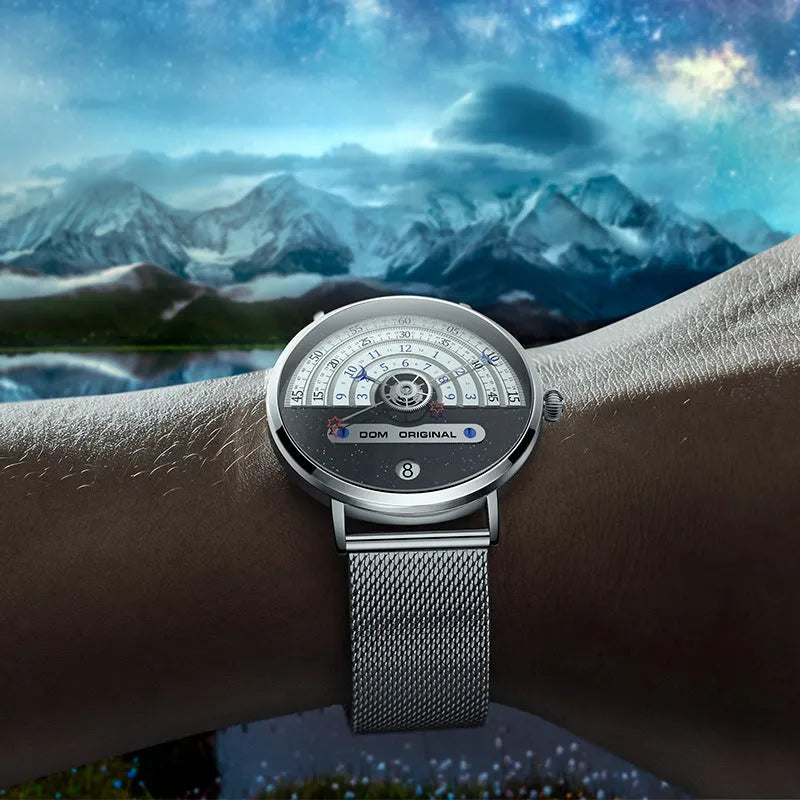 Mens sports watch with 40mm round dial, alloy case, and choice of stainless steel or leather strap