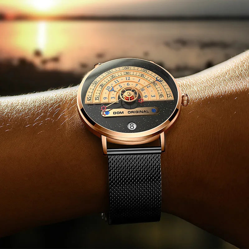 Mens sports watch with 40mm round dial, alloy case, and choice of stainless steel or leather strap