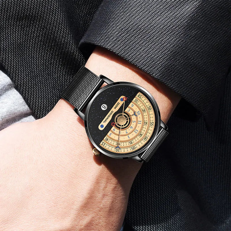 Mens sports watch with 40mm round dial, alloy case, and choice of stainless steel or leather strap