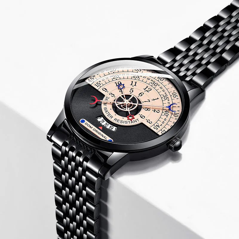 Mens sports watch with 40mm round dial, alloy case, and choice of stainless steel or leather strap