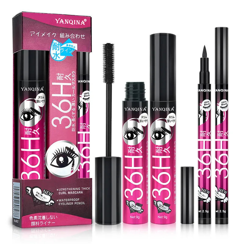 Eyeliner and mascara combo set in black with red blue purple colour options on white background