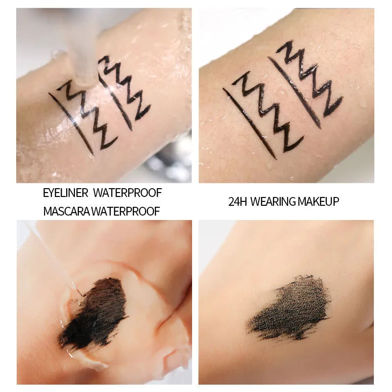 Eyeliner and mascara combo set in black with red blue purple colour options on white background