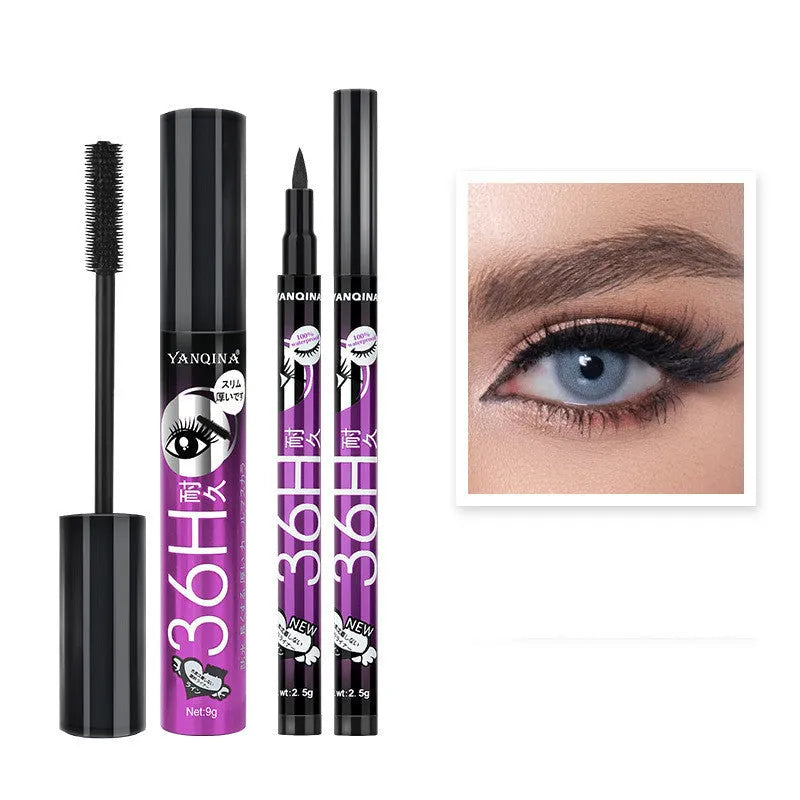 Eyeliner and mascara combo set in black with red blue purple colour options on white background