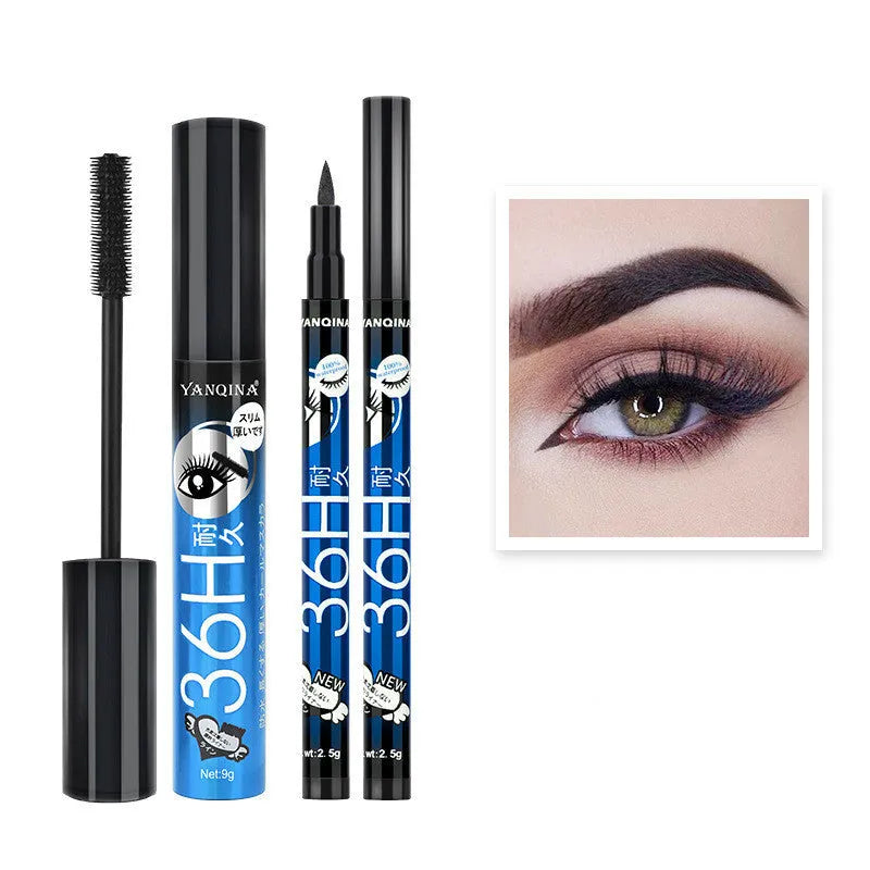 Eyeliner and mascara combo set in black with red blue purple colour options on white background