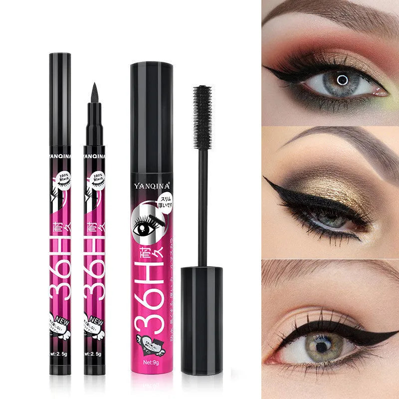 Eyeliner and mascara combo set in black with red blue purple colour options on white background