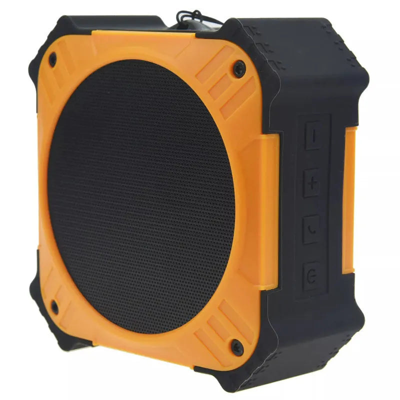 Black waterproof portable Bluetooth speaker with wrist strap showing compact 101x101x47mm dimensions